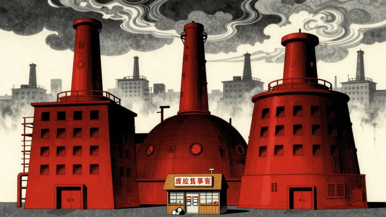 Large factories overshadowing small pharmacy, showing market consolidation