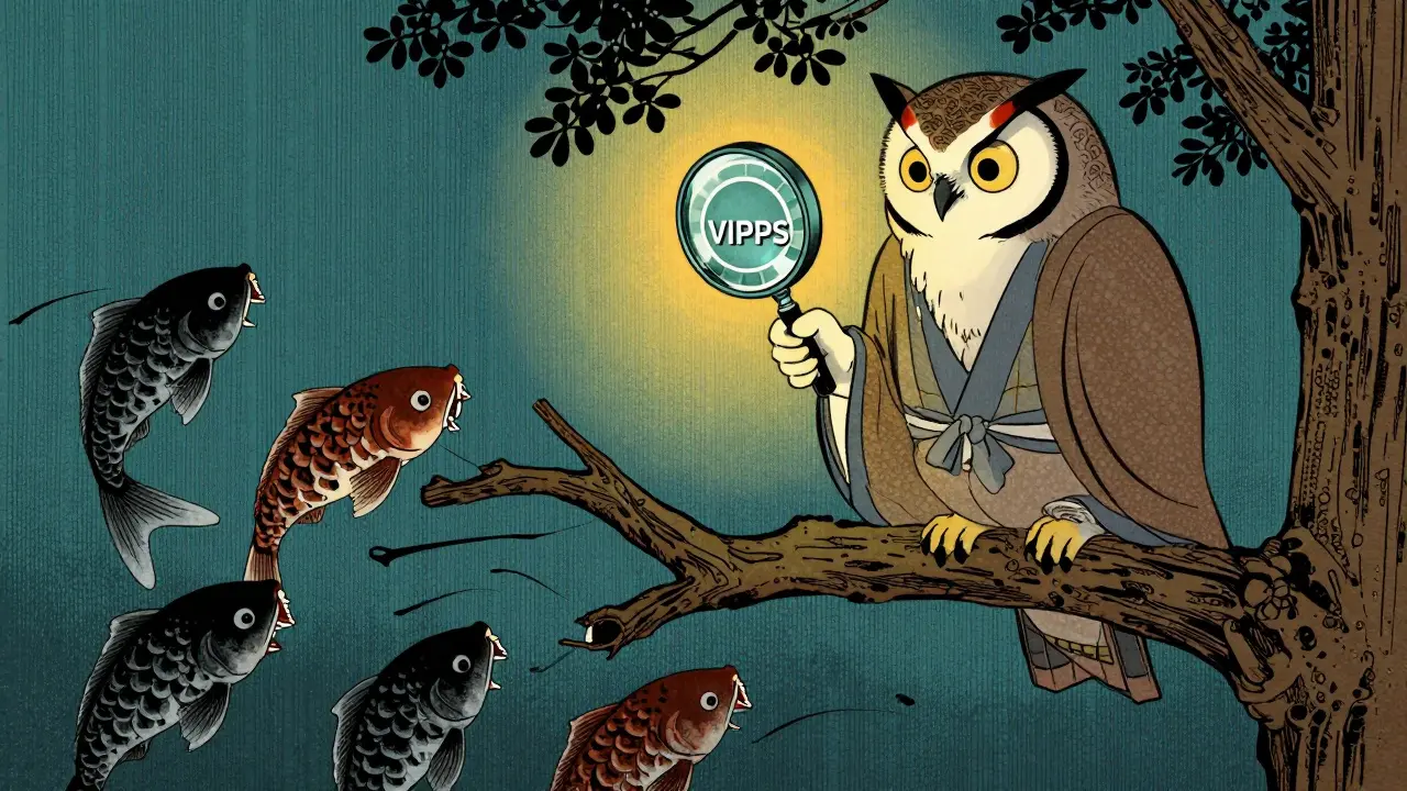 Owl checking pharmacy safety seal against scam fish