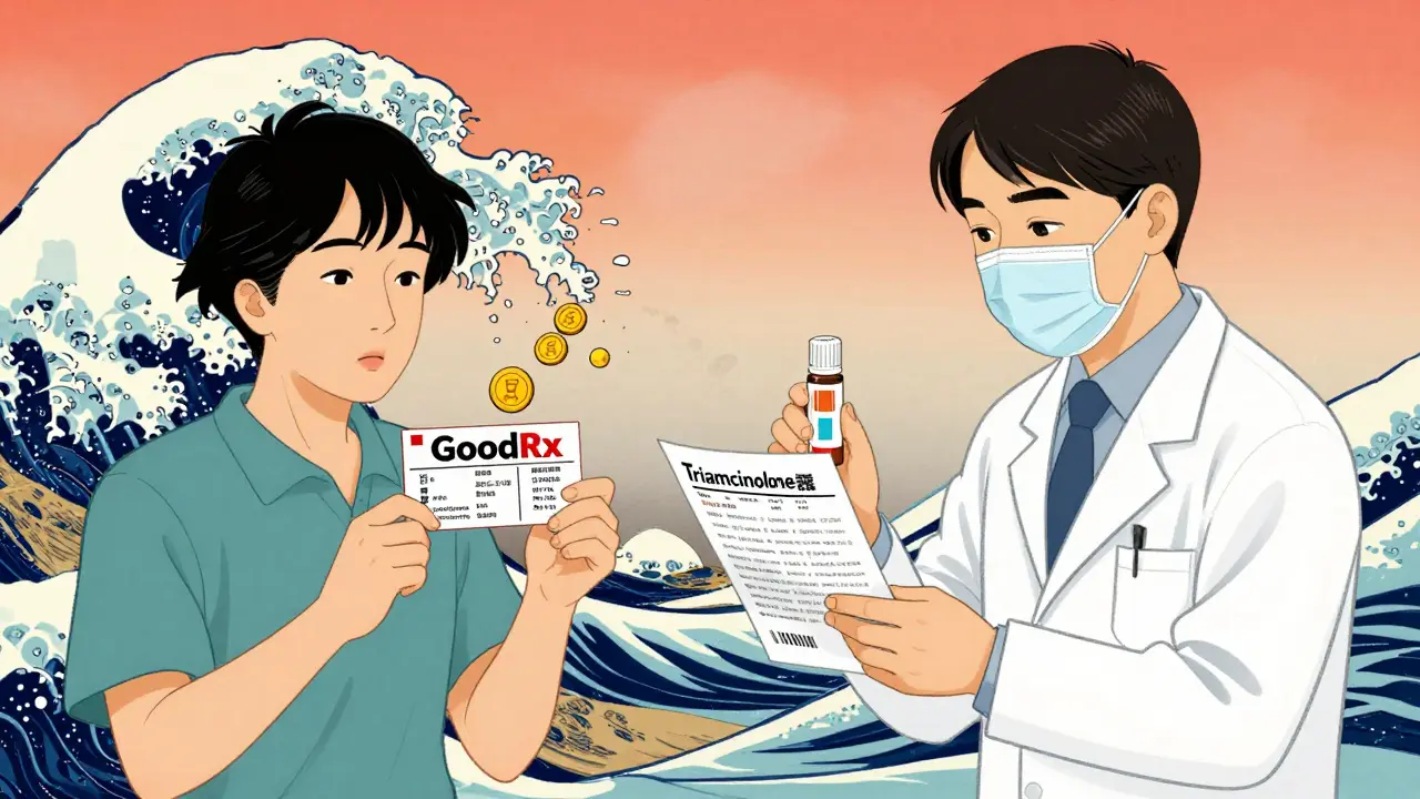 Patient saving money with coupons and verifying prescription in art style