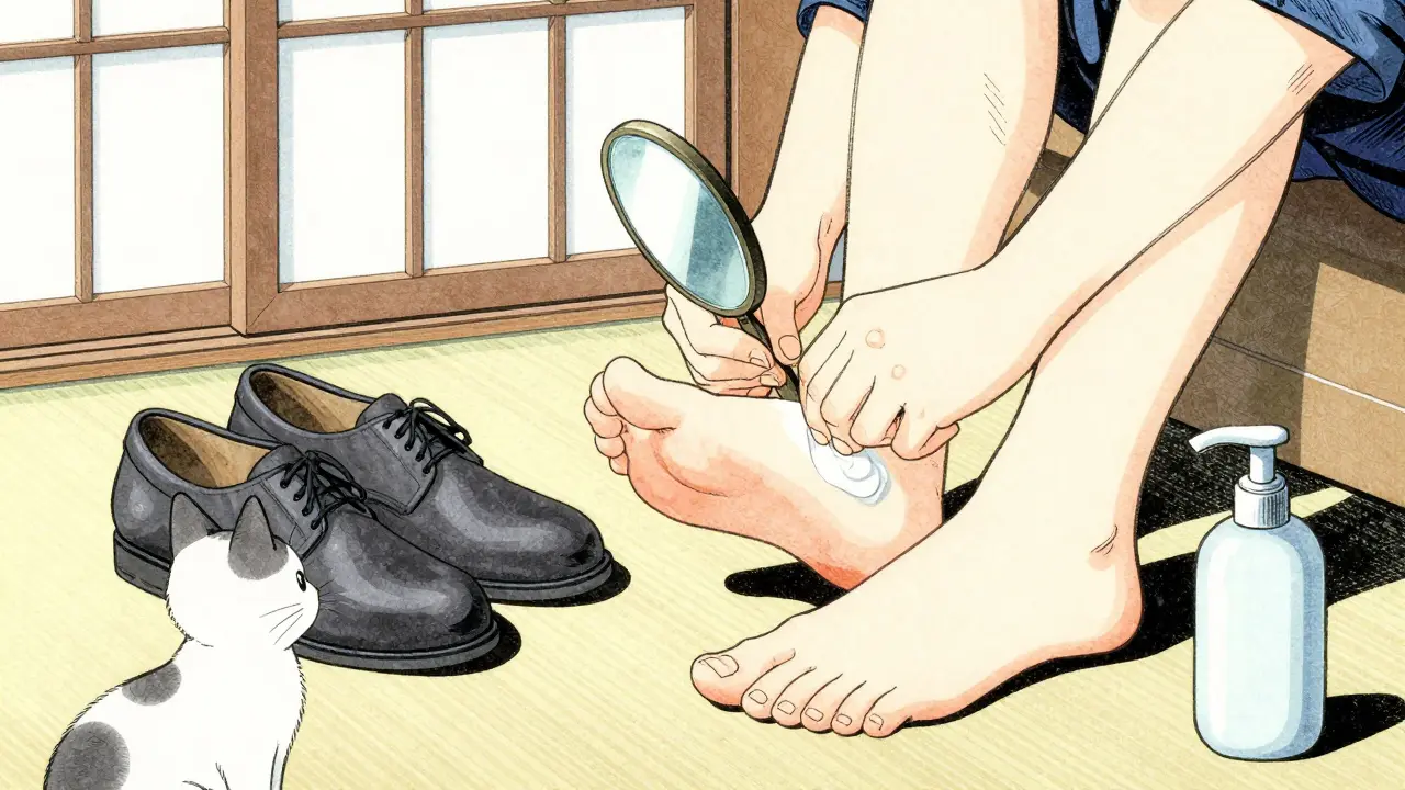 Person inspecting foot with mirror and wearing proper shoes for diabetic foot care.