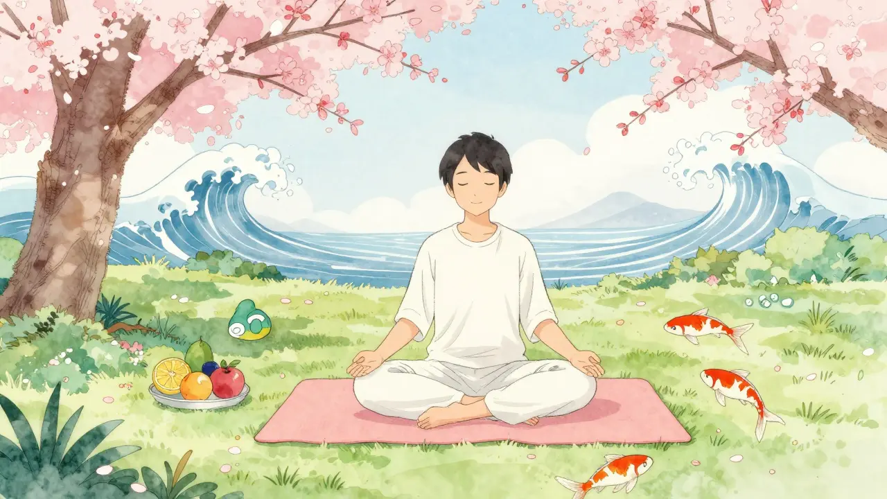 Person meditating in a peaceful garden representing natural anxiety relief.
