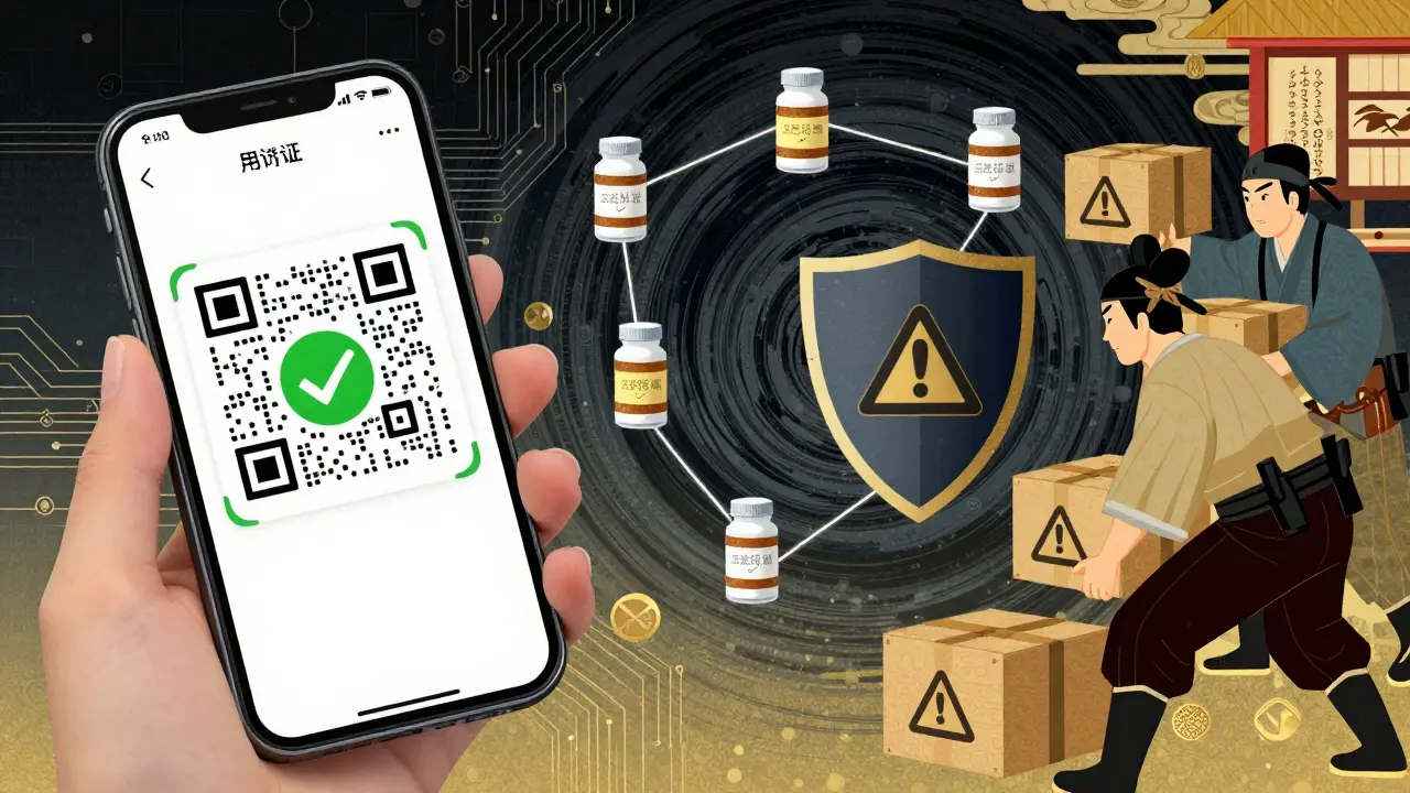Smartphone scanning QR code to verify medicine authenticity