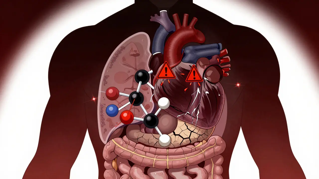 Stylized body showing drug blocking receptors and heart risks