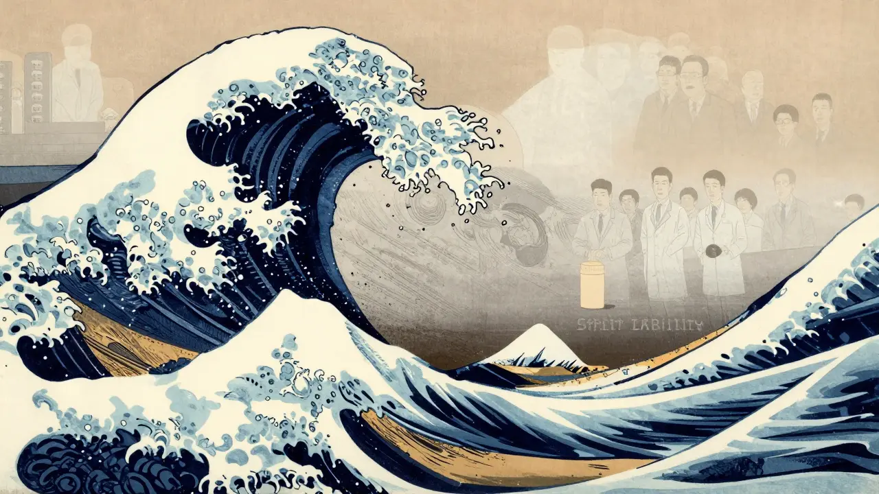Wave crashing on athlete with pill, symbolizing strict liability
