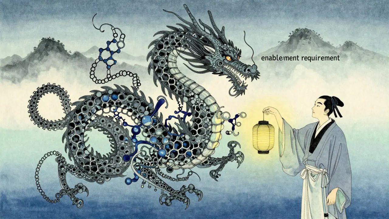 Artistic ukiyo-e depiction of complex biologic molecules as dragons being examined by a scientist.