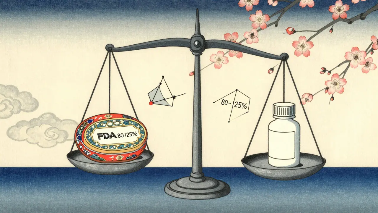 Balance scale showing equal value of generic and brand pills, ukiyo-e art
