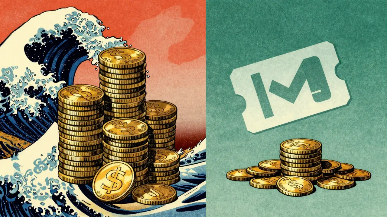Cartoon illustration comparing high costs versus savings with abstract symbols.