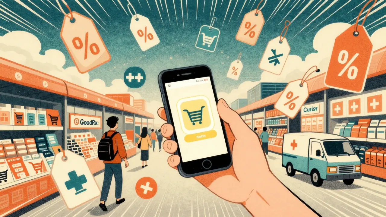 Character using phone app to find pharmacy discounts and deals