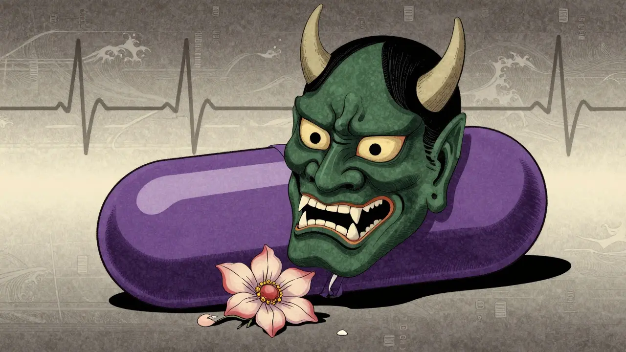 Demon-like pill crushing a wilting thyroid flower, symbolizing drug-induced hypothyroidism in ukiyo-e style.