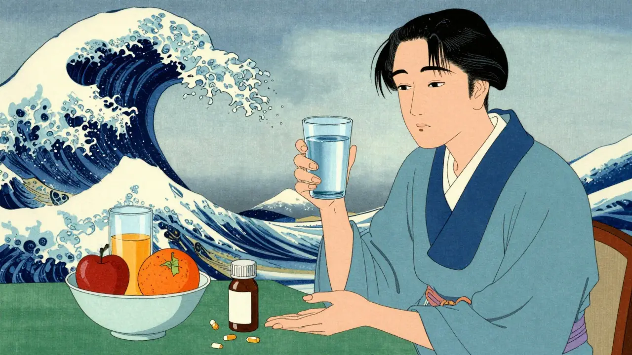 Figure drinking water with pills, avoiding fruit juice for safety