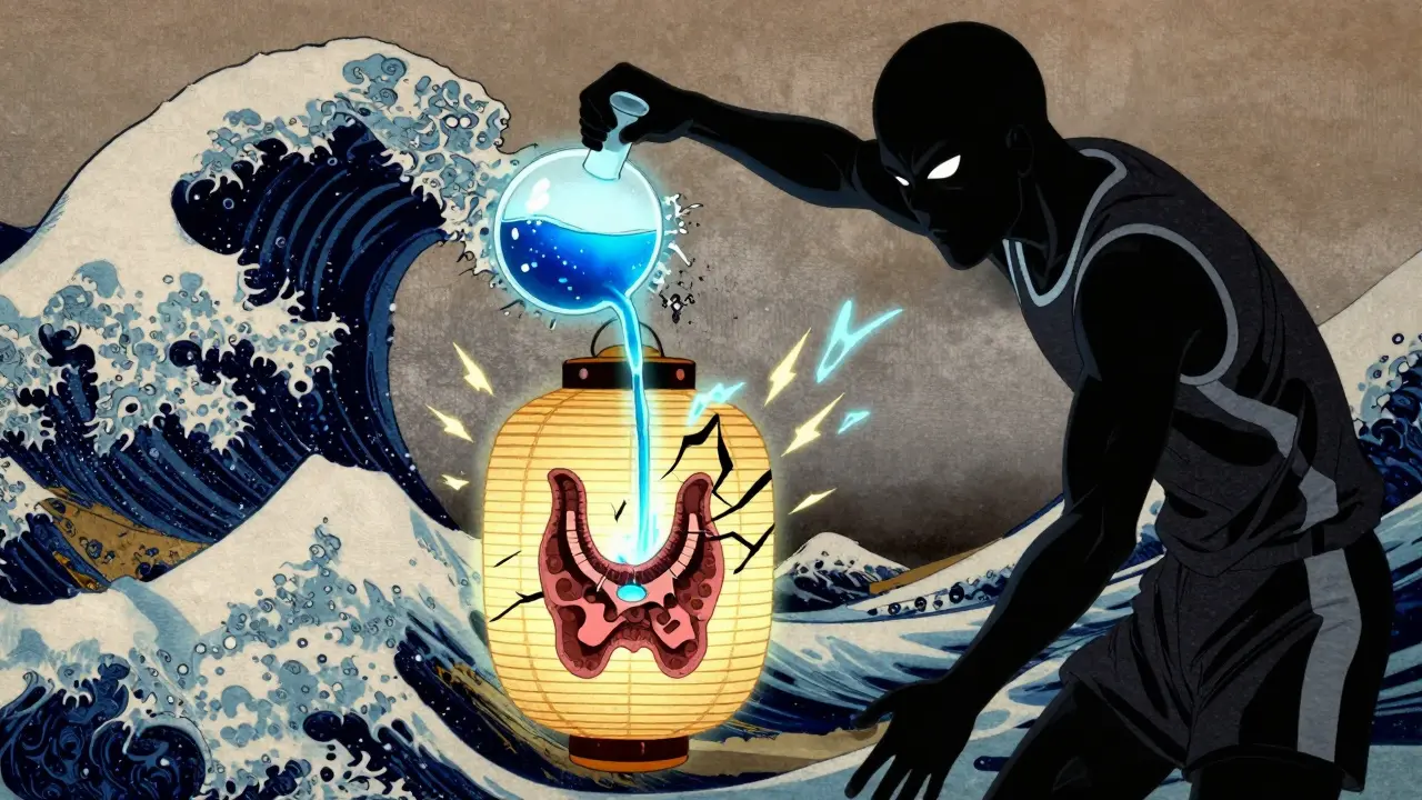 Illustration of a character overdosing on thyroid meds, causing a mechanical thyroid to crack and spark dangerously.