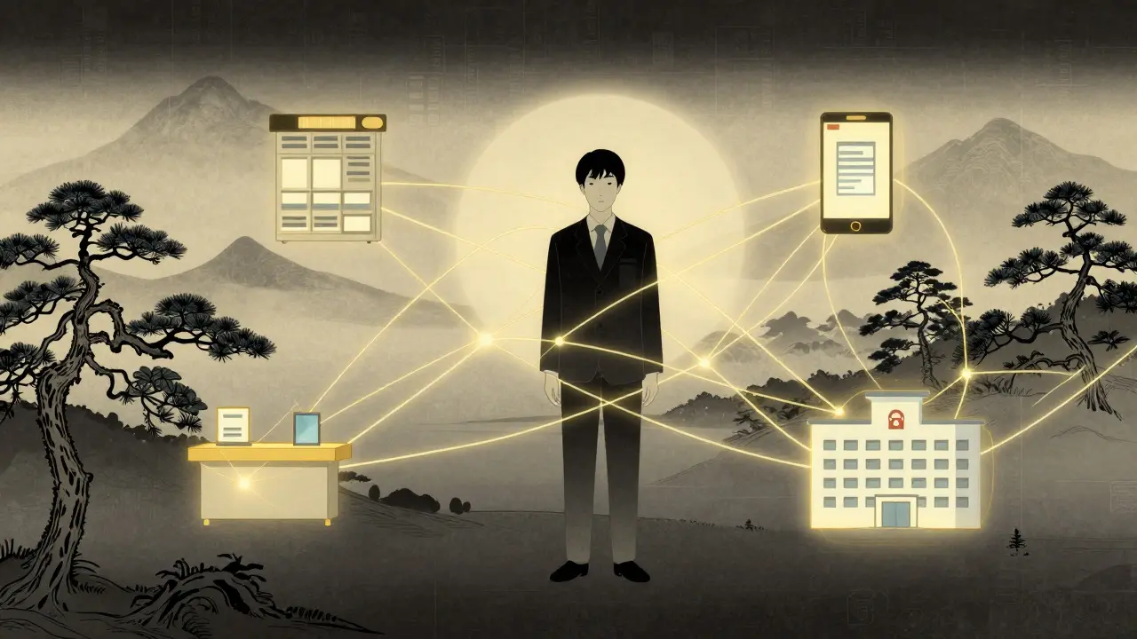 Illustration of a person connected to pharmacies and hospitals via golden data threads.