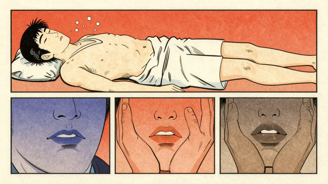 Illustration showing overdose signs: unresponsiveness, slow breathing, blue lips
