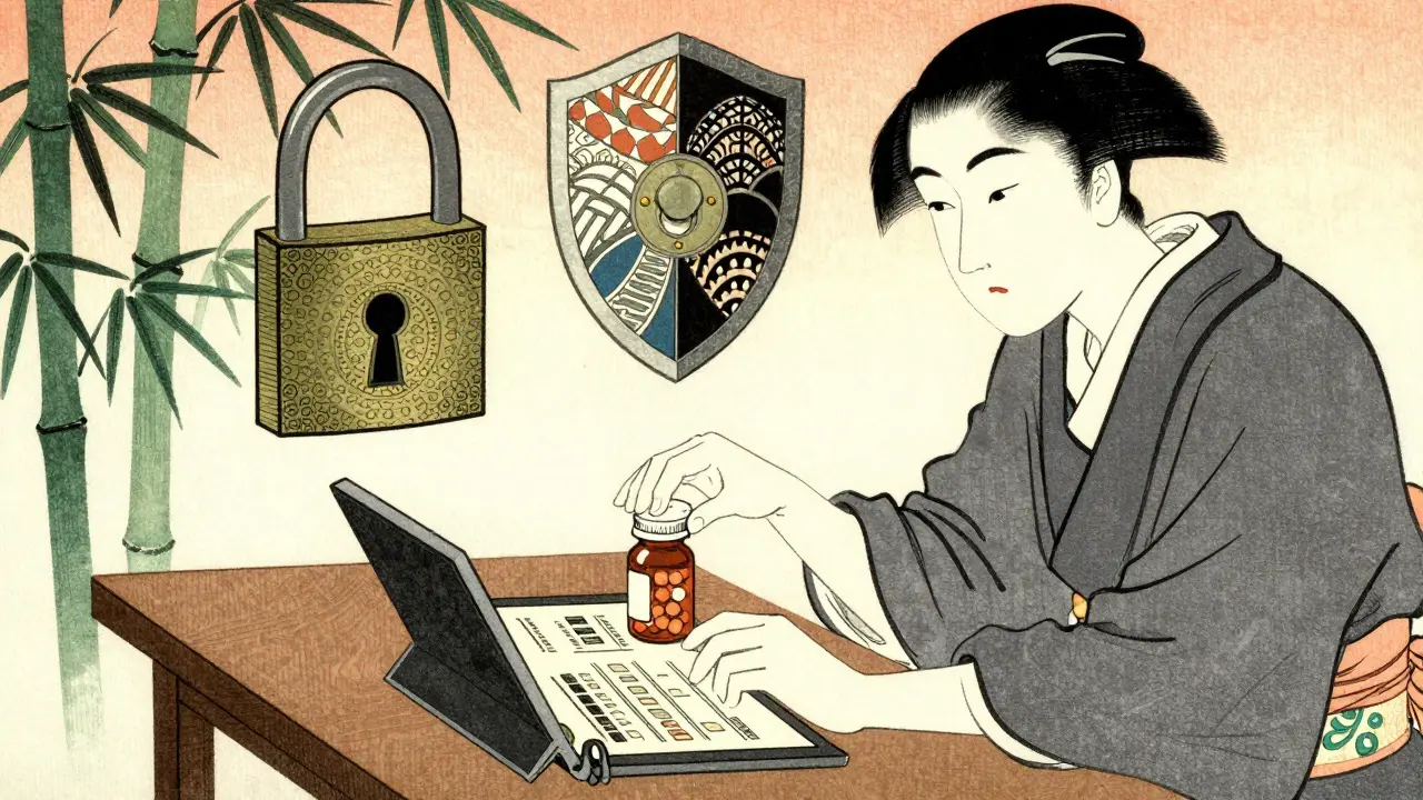 Person reviewing pill bottles against a secure digital health record interface.