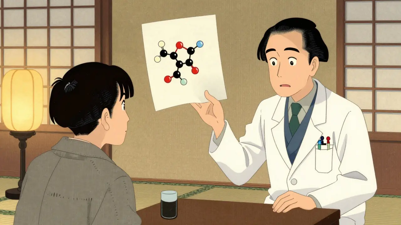 Physician explaining generic drug equivalence to patient, ukiyo-e style
