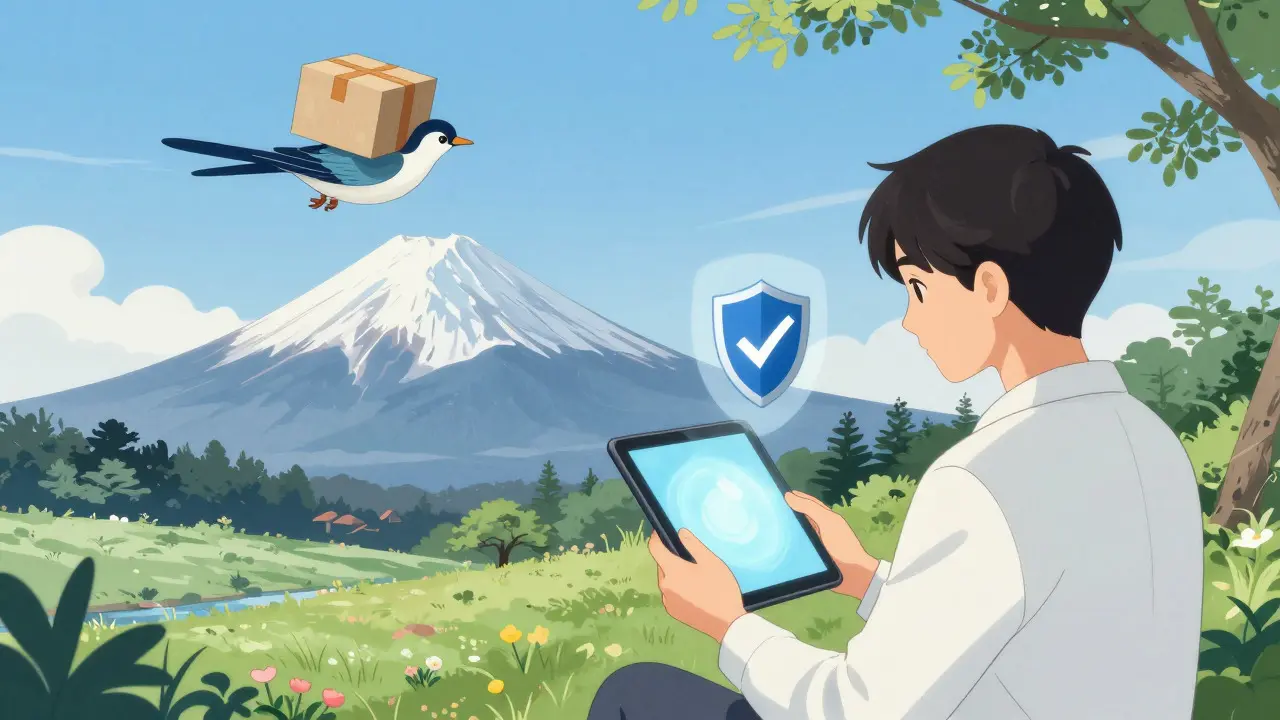 Safe online medication delivery depicted with traditional Japanese art