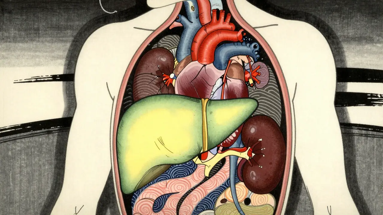 Stylized silhouette showing damaged organs in ukiyo-e style.