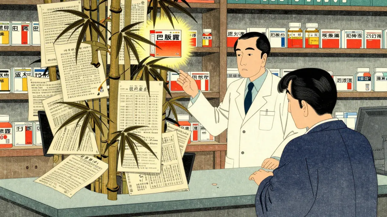 Ukiyo-e cartoon of a patient facing high drug prices due to patent thickets at a pharmacy.