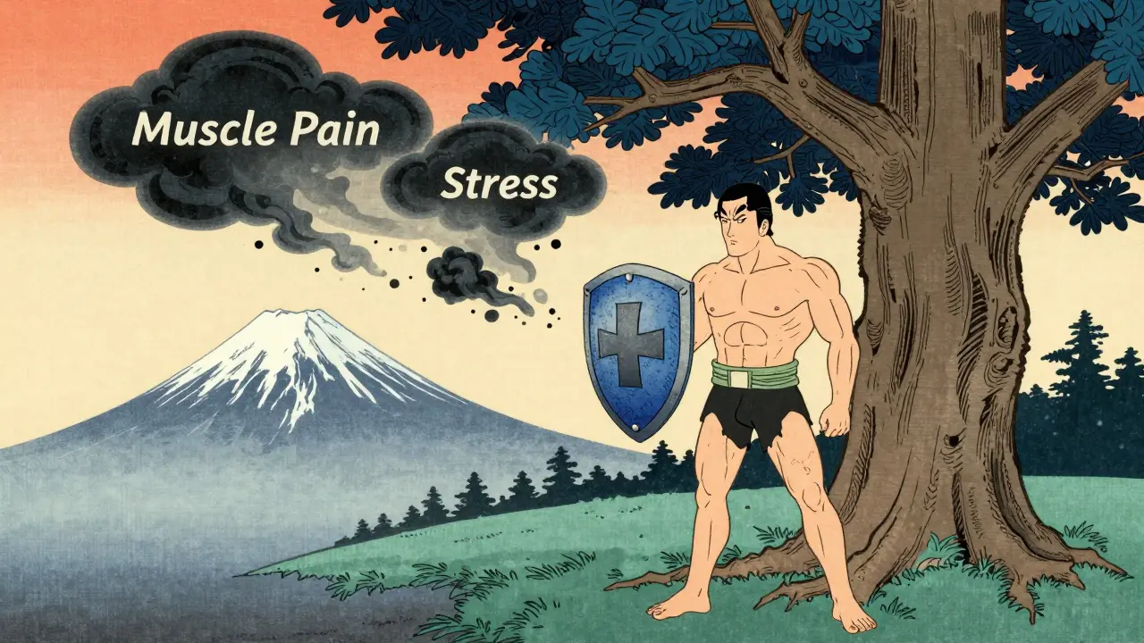 Ukiyo-e illustration of a figure protecting health against dissolving side effect clouds