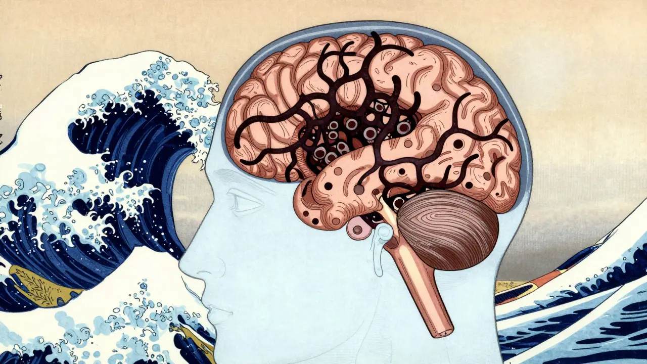 Conceptual art of brain protein accumulation in woodblock style