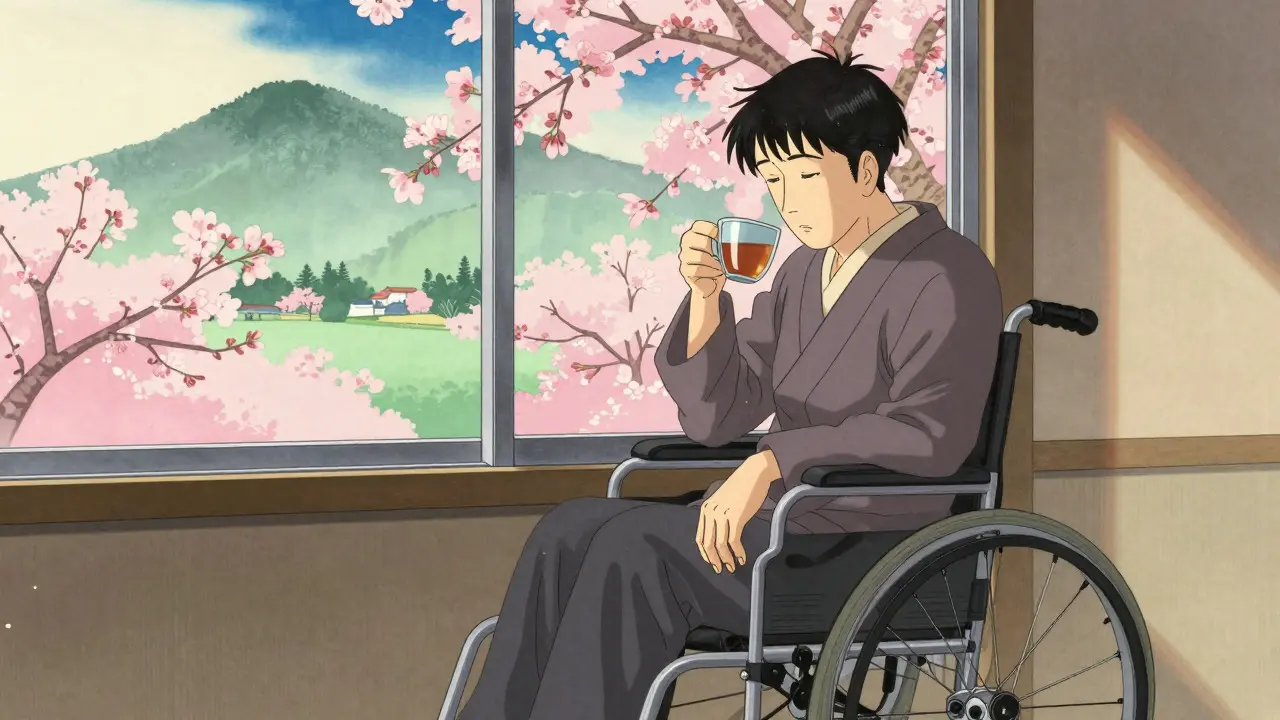 Patient with tremors looking out window in ukiyo-e illustration